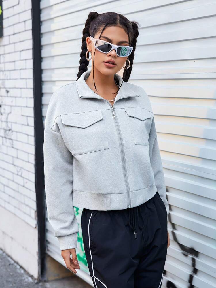 Solid Color Front Zipper Athletic Jacket