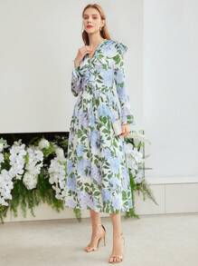 MOTF PREMIUM Vestido Con Diseño Completo De Estampado Con Cuello Notch, Manga Acampanada Con Volantes Y Detalles - Azul - Ver 8