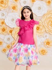 SHEIN Tween Girls' Loose Fit Casual Ruffled Neck Top And Skirt Set - White - View 3