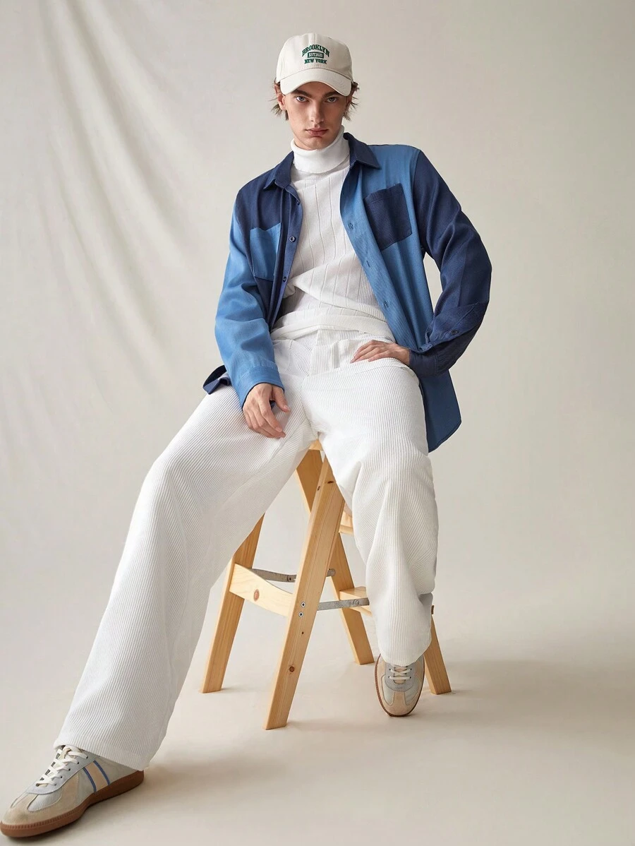 Manfinity VCAY 寬鬆男士拼色長袖襯衫 - 藍色 - 查看 1