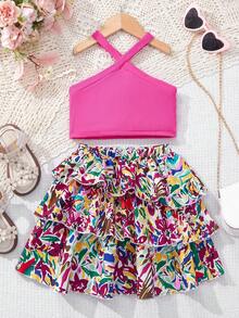 SHEIN Kleine Mädchen Sommer 2 Stücke/Set ärmelloses Halter Top und Kuchen bedruckter Rock - Heißes Pink - Übersicht 2