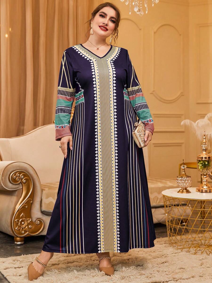Al Najma Plus Striped & Geo Print Dress - Multicolor - View 1