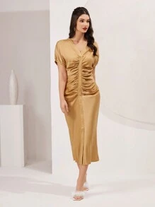 Modelyn Women's Batwing Sleeve Pleated Dress Long Evening Dresses - Coffee Brown - View 6