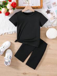 十幾歲的少女風景口號印花上衣和實色短褲2入組 - 黑色 - 查看 2