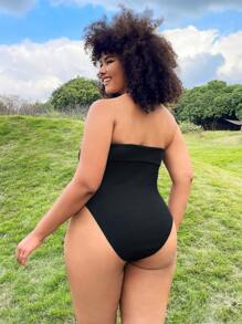 SHEIN EZwear Plus Size Black Knitted Strapless Bodysuit - Black - View 2