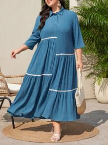 Mulvari 大尺碼拼色修飾衫領裙子 - 藍色 - 查看 3