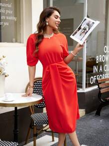 GENKIRA Solid Color Short Sleeve Dress - Orange - View 3