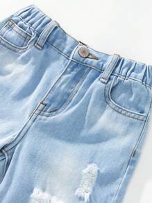 小男孩新款休閒時尚水洗牛仔短褲,仿舊設計折疊下擺 - 淺色水洗藍 - 查看 4