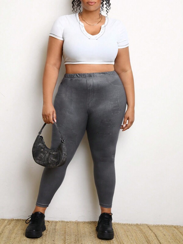 SHEIN CURVE+ Leggings Con Efecto De Impresión Efecto De Mezclilla Para Mujer De Talla Grande