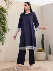 Mulvari Của phụ nữ Sáng bóng Tua viền Dài Áo Và Quần Hai chiếc Bộ - Màu xanh hải quân - Xem 3