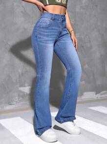 SHEIN EZwear 女士流蘇喇叭牛仔褲 - 中等水洗藍 - 查看 3