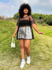 SHEIN EZwear Plus Black Sheer Mesh Cover Up Top, Suitable For Music Festival - Black - View 5