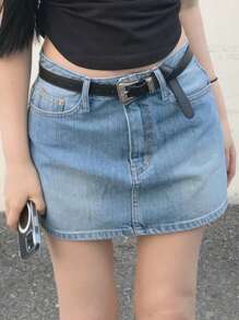 DAZY Chân váy jeans lưng cao giặt không thắt lưng cho nữ - Màu xanh lam - Xem 4