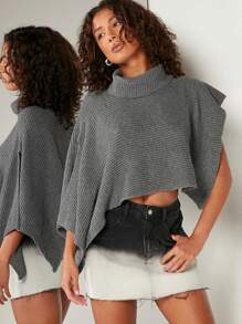 Hauture Suéter Con Cuello De Tortuga Y Capa Asimétrica - Gris Oscuro - Ver 1