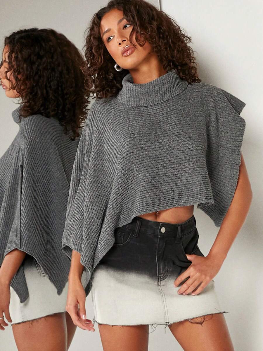 Hauture Suéter Con Cuello De Tortuga Y Capa Asimétrica - Gris Oscuro - Ver 1
