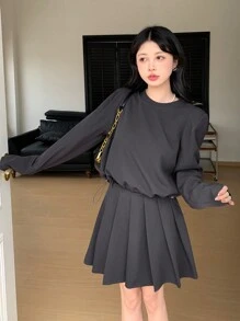 DAZY Ladies' Solid Color Round Neck Long Sleeve T-Shirt And Skirt Set - Brown - View 5