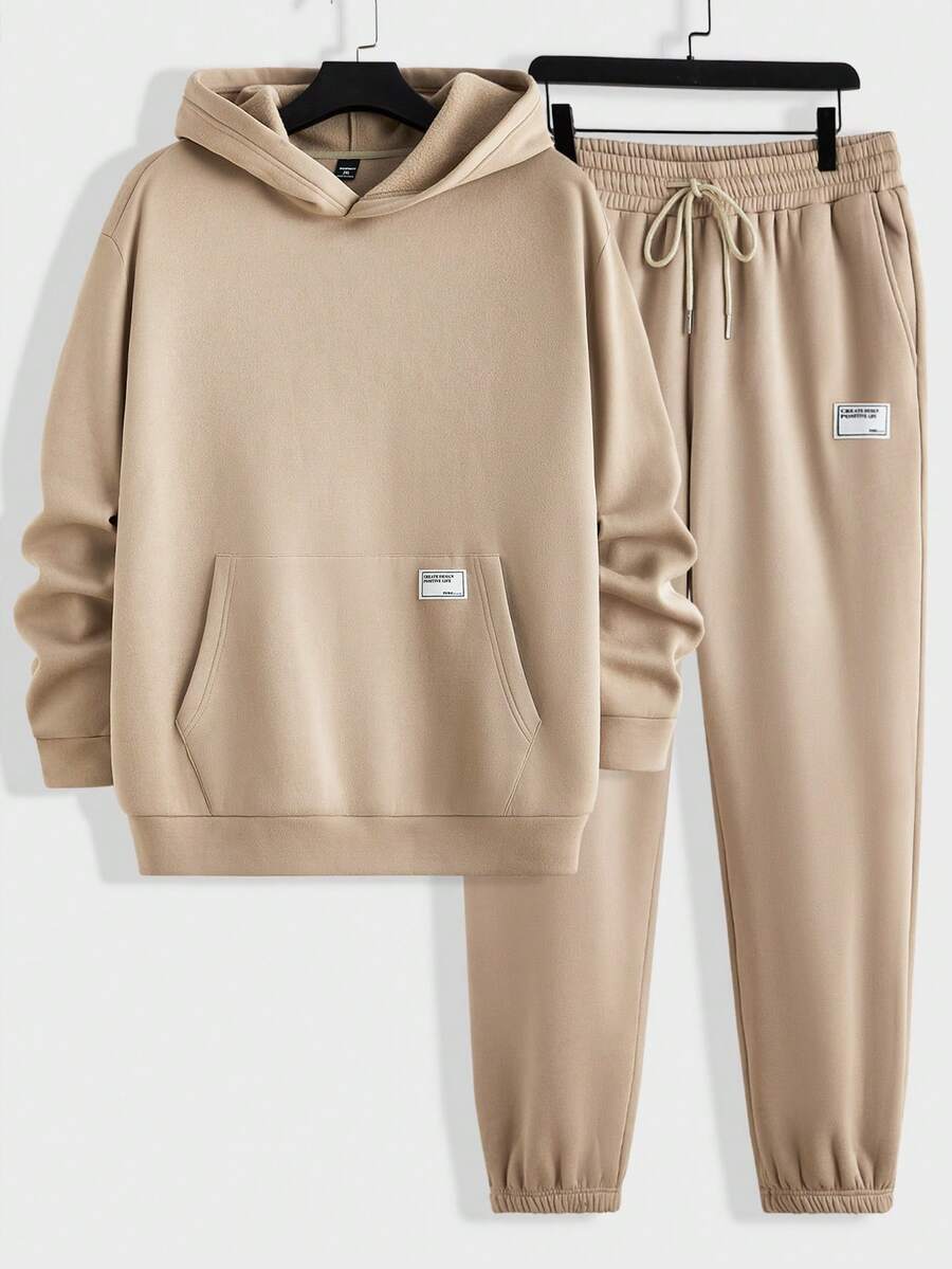 Manfinity Homme Nam Kích thước lớn Dệt kim Áo nỉ có mũ Với Vá chữ cái Và Quần thể thao Giải trí 2 cái/bộ - Màu Khaki - Xem 1