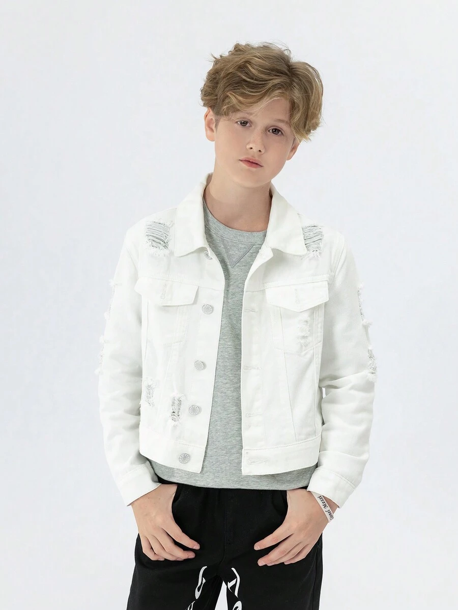 Tween Boys' New Casual Fashion White Denim Jacket With Distressed And Water Washed Design - White - View 1