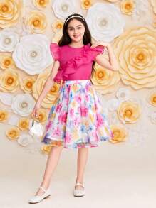 SHEIN Tween Girls' Loose Fit Casual Ruffled Neck Top And Skirt Set - White - View 4