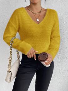SHEIN Essnce Áo len nữ cổ chữ V màu trơn, áo len chui đầu mùa thu đông. - Màu vàng - Xem 3