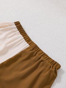 男士拼色短袖襯衫短褲套裝家居服 - 卡其色 - 查看 3