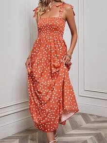 Polka Dot Printed Spaghetti Strap Long Dress - Orange - View 4