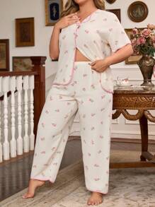 CottageSlumber Plus Size Floral Printed Short Sleeve Top And Pants Loose Pajama Set - Beige - View 5