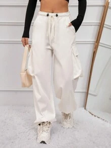 GENKIRA Women's Drawstring Waist Cargo Pants - White - View 5