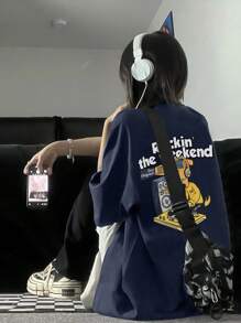 Women's Casual Cartoon Pattern Short Sleeve T-Shirt, Summer - Navy Blue - View 1