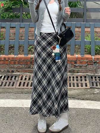 Hög midja slits pläd Casual Vacation kjol