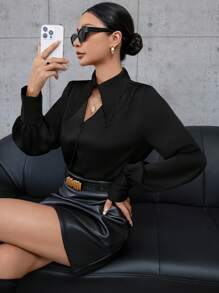 Aveloria Modichic 纯色镂空纽扣长袖衬衫优雅商务休闲女士长袖上衣 - 黑色 - 查看 6