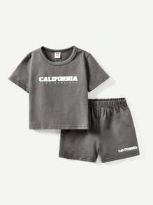 4pcs/Set Baby Boys' Casual Letter Print Round Neck Short Sleeve T-Shirt And Shorts Outfits Matching Set