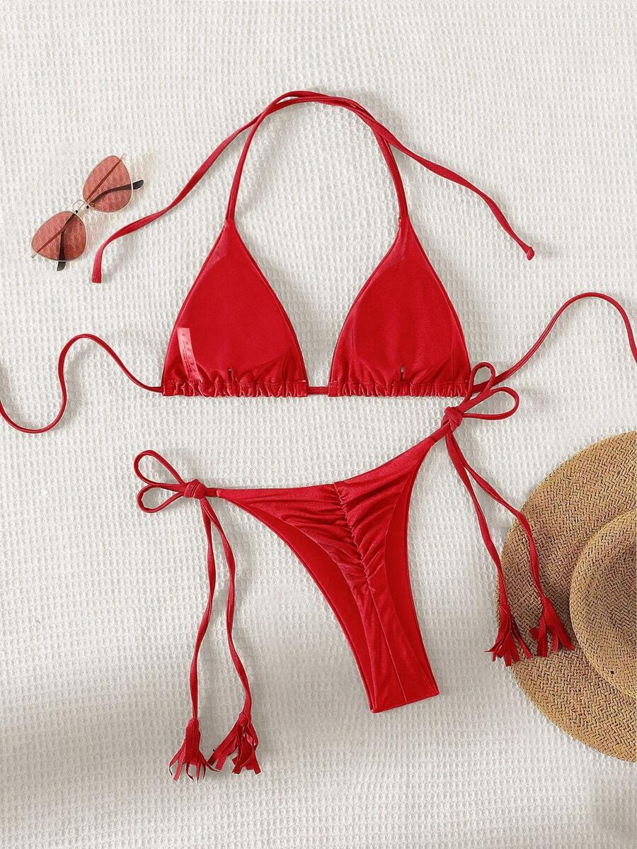 SHEIN Swim Summer Beach Women's Solid Color Halter Strap Separated Bikini Set - Red - View 1