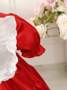 Rot-spitzen-dekoriertes Kleid Für Mädchen Mit Schleife Vorne Für Frühling/sommer