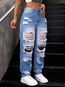 SHEIN PETITE Ladies' Ripped Jeans - Blue - View 1