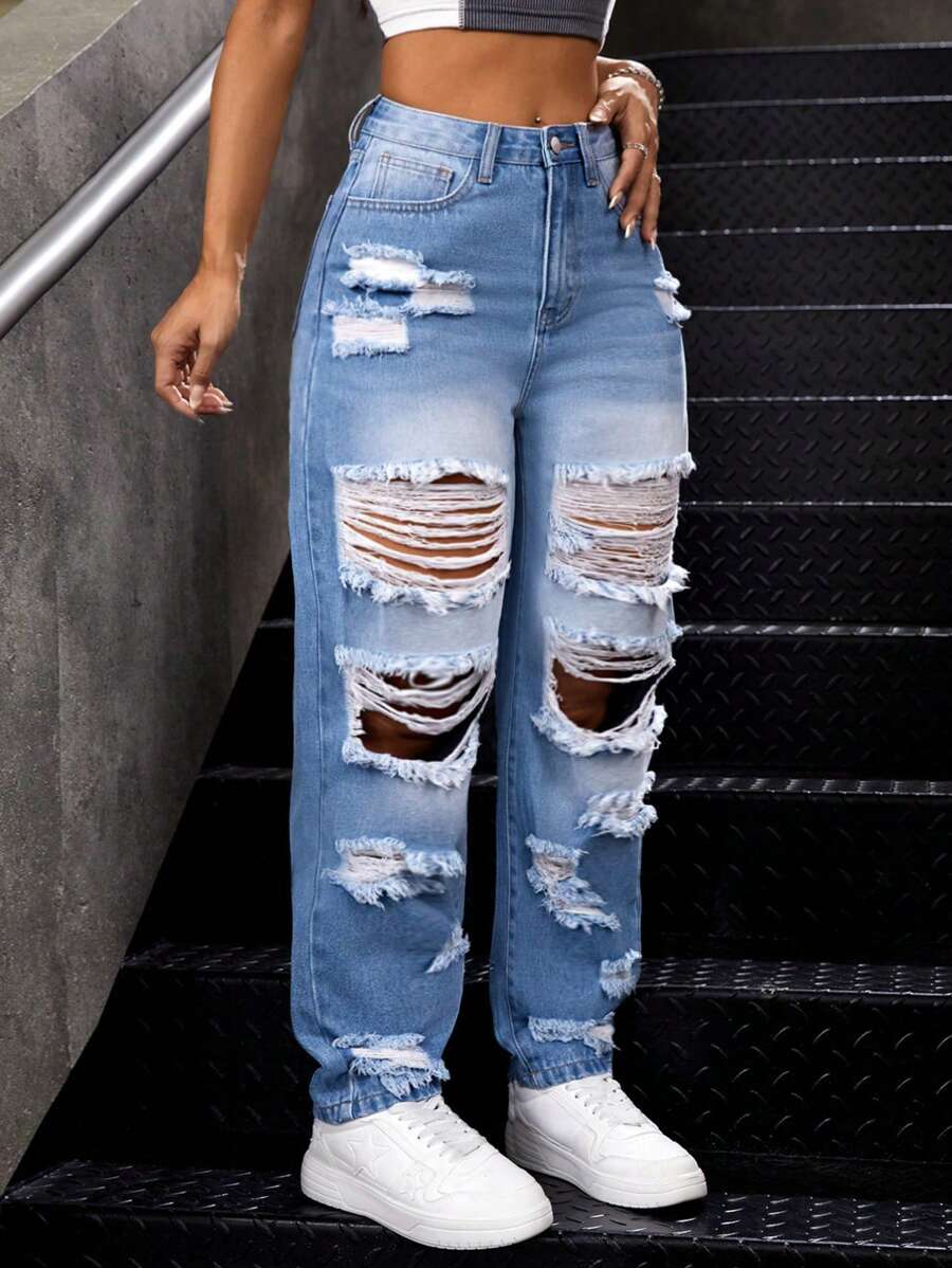 SHEIN PETITE Ladies' Ripped Jeans - Blue - View 1