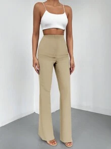 EURMUSE Solid Color Casual Flared Trousers - Beige - View 3
