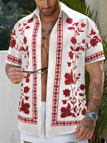 Manfinity RSRT Men's Floral Printed Short Sleeve Button-Down Shirt - White - View 1