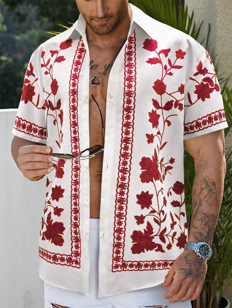 Manfinity RSRT Men's Floral Printed Short Sleeve Button-Down Shirt - White - View 1