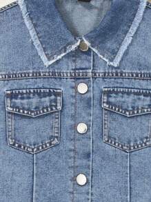 SHEIN Conjunto Para Niñas Con Edad Entre 8 Y 14 Años, Chaleco De Mezclilla Azul Medio Casual Básico Con Dobladillo Deshilachado Y Falda De Mezclilla Con Cintura Elástica Y Plisada