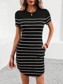 SHEIN LUNE 女士条纹拼布紧身连衣裙