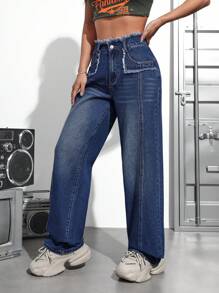 SHEIN EZwear Của phụ nữ Chân thẳng Eo cao Quần jean Với Frayed Hem - Rửa tối - Xem 3