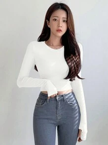 DAZY 女士圆领长袖T恤，秋季女装 - 白色 - 查看 3