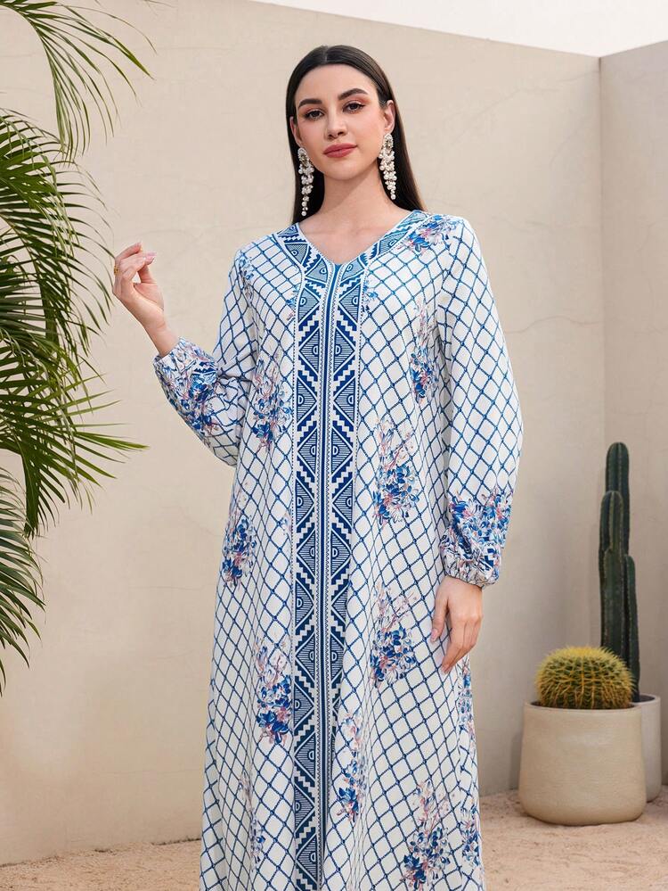 Women's Positioned Printed Casual Jalabiya Dress