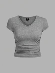 SHEIN EZwear 女士多色針織v領短袖修身t恤 - 彩色 - 查看 5