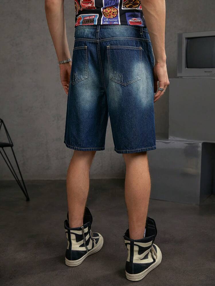Men's Regular Fit Mid-Waist Casual Ripped Destructed Denim Shorts Without Elasticity