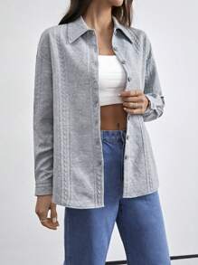 SHEIN Essnce Women's Textured Long Sleeve Shirt - Light Grey - View 3