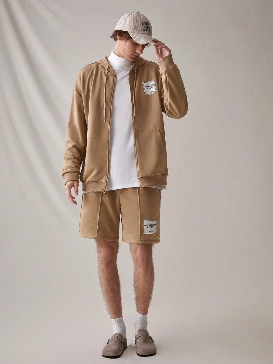 Manfinity VCAY Conjunto Casual de Moletom com Capuz e Shorts Soltos com Patches Decorativos para Homens, para Outono e Inverno