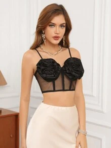 Aveloria Mesh Contrast 3d Flower Camisole Top - Black - View 5