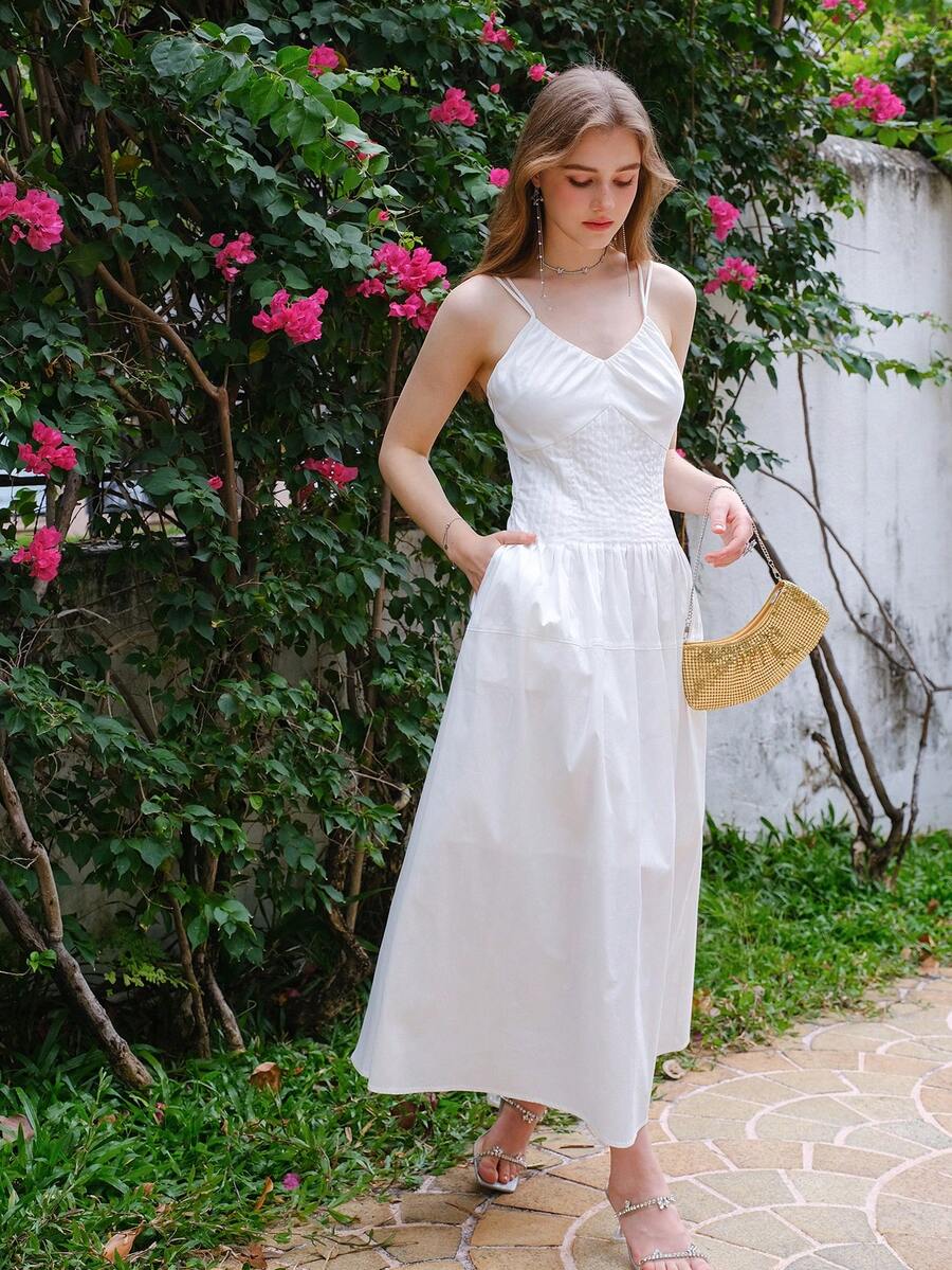 Twist Double Strap Tank Dress With Gathered Waistline